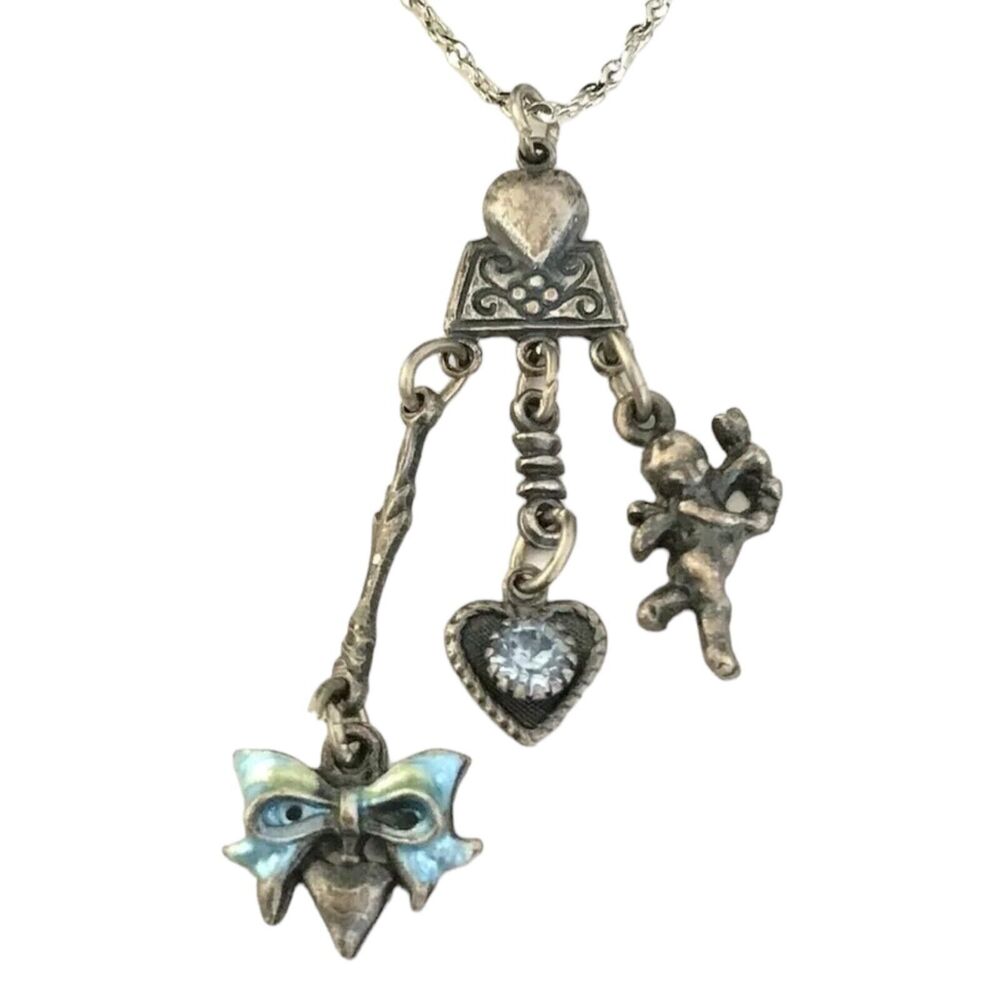 Vintage 1970s Art Nouveau Revival Pendant Necklace Angel Heart NOS - 1V